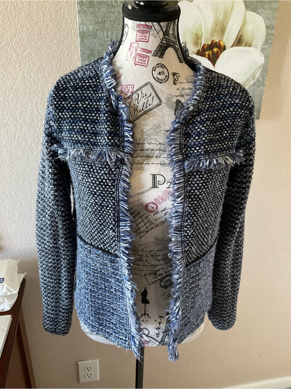 Chico's Two-Tone Navy and Light Blue Fringe Knit Blazer
